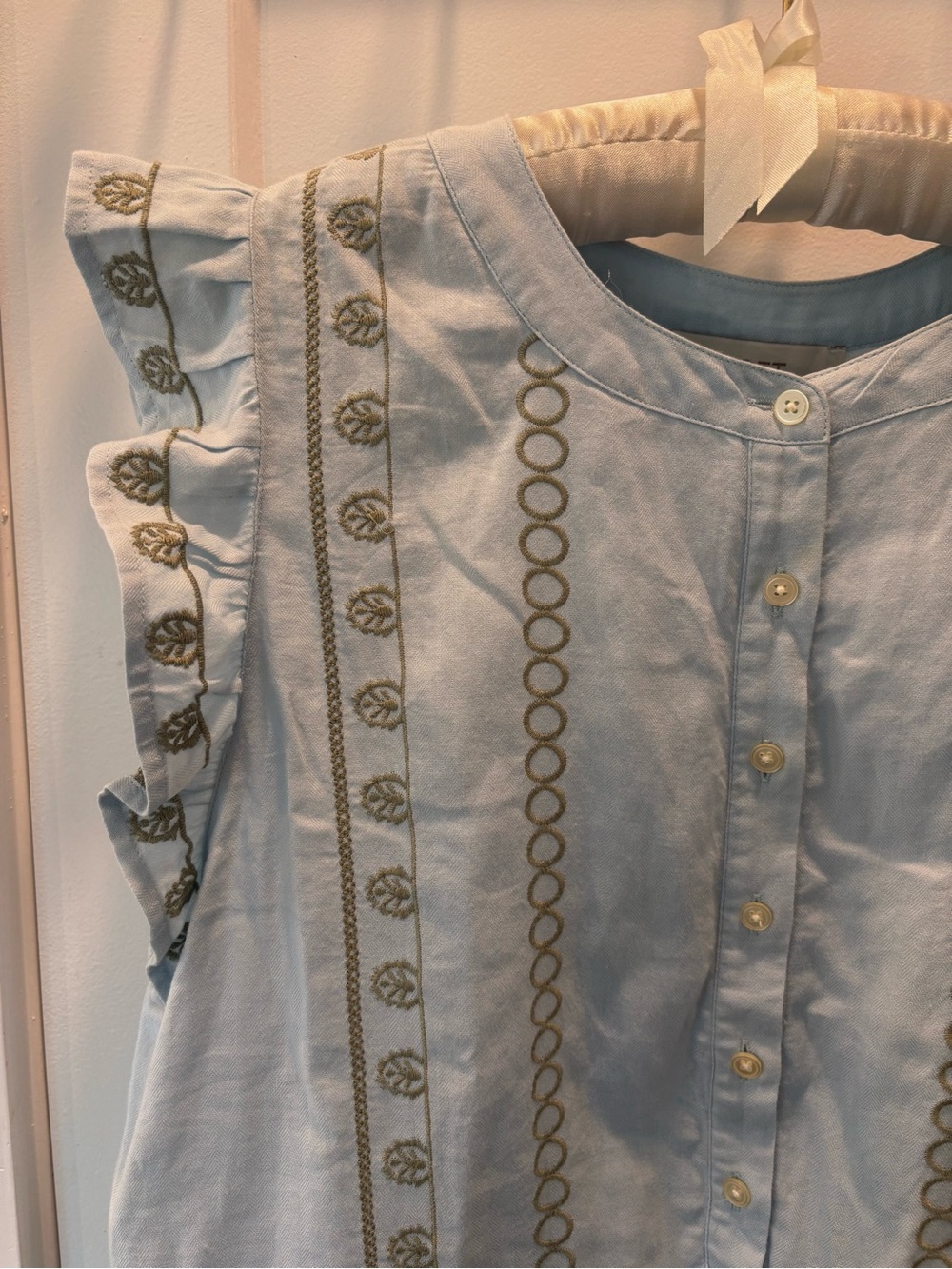 LOFT Light Blue Embroidered Babydoll Button Up Ruffle-Sleeve Women's Top - Picture 5 of 7